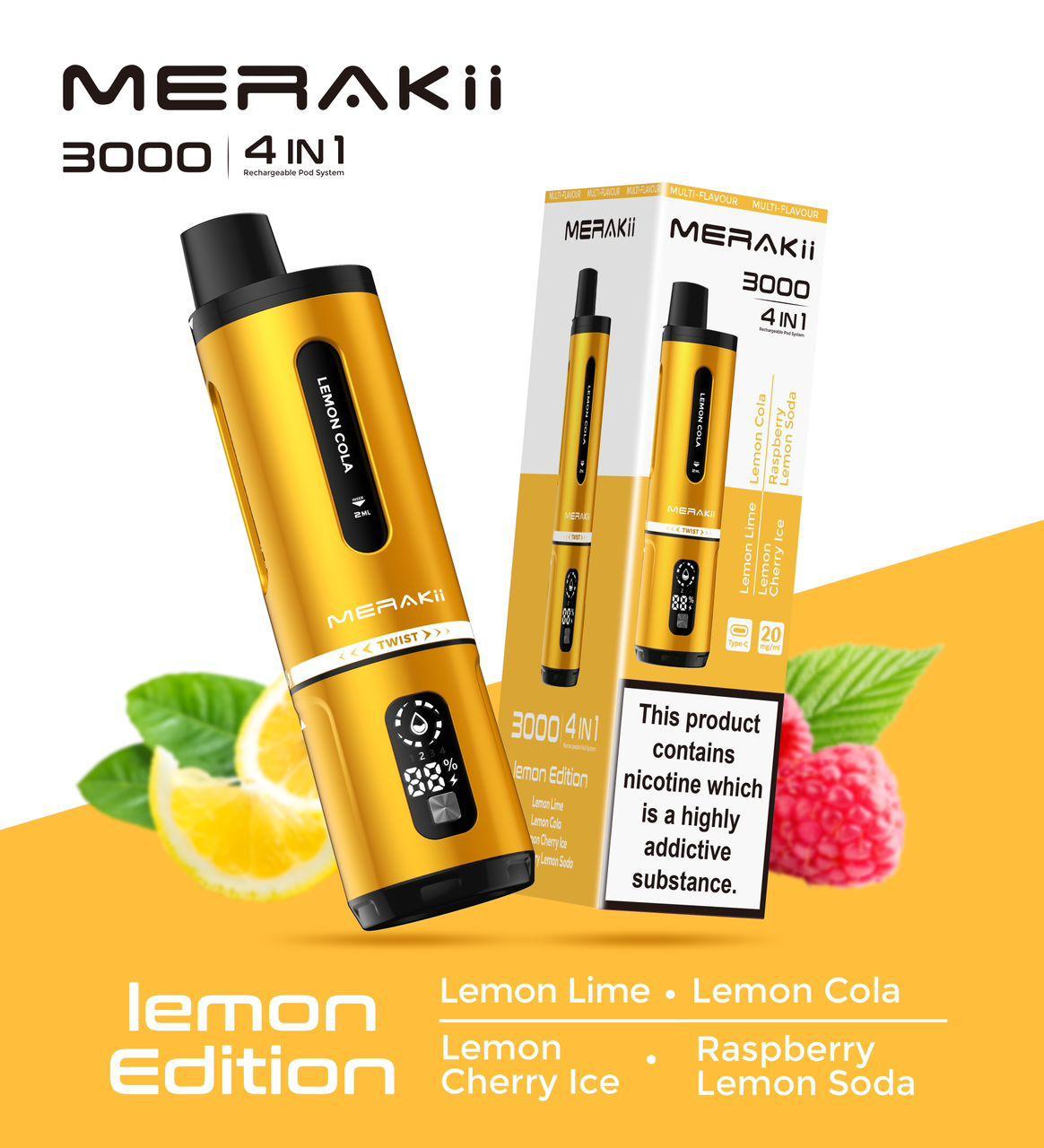 Buy cheapest online Merakii 3000 Puffs Disposable Vape 4 in 1 Pod System Kit Box of 5 at lowest price in uk
