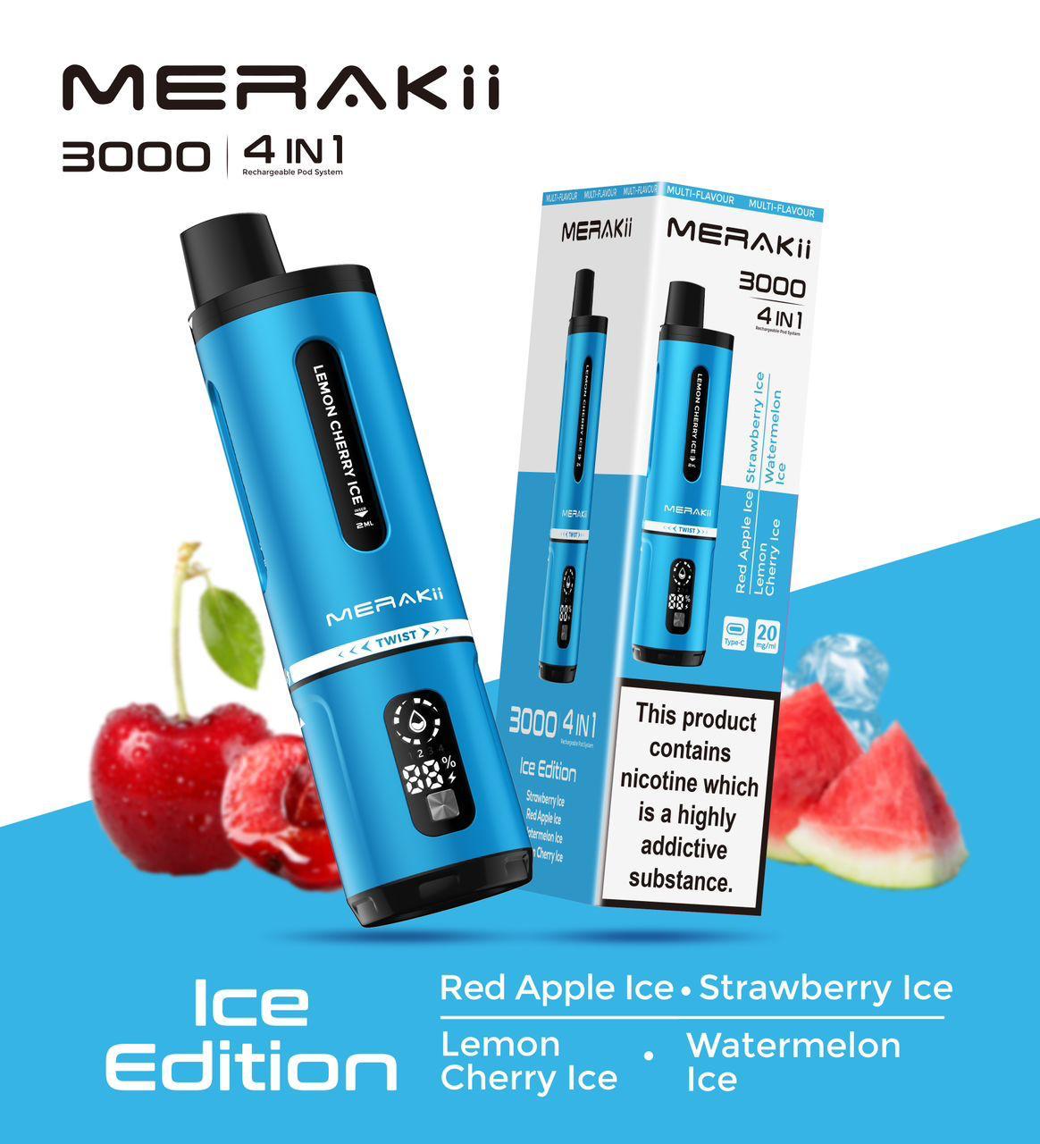 Buy cheapest online Merakii 3000 Puffs Disposable Vape 4 in 1 Pod System Kit Box of 5 at lowest price in uk