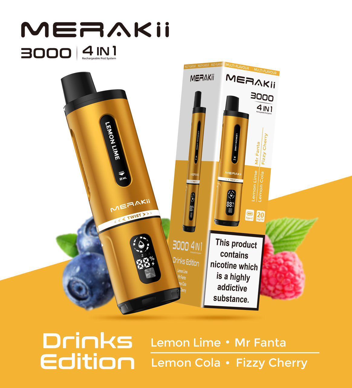 Buy cheapest online Merakii 3000 Puffs Disposable Vape 4 in 1 Pod System Kit Box of 5 at lowest price in uk