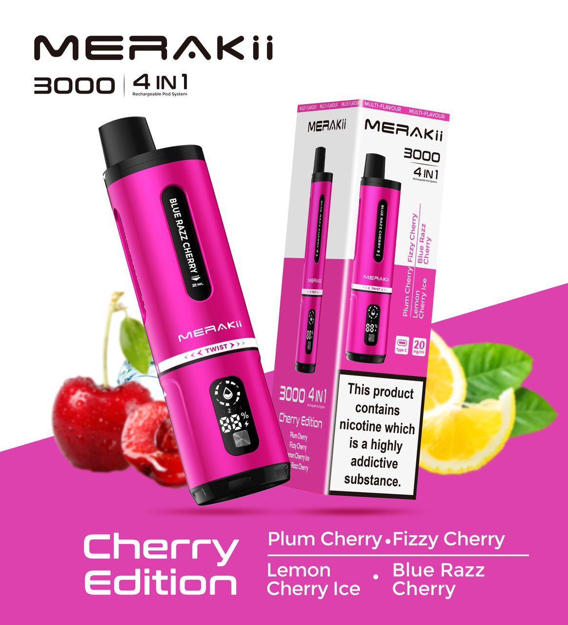 Buy cheapest online Merakii 3000 Puffs Disposable Vape 4 in 1 Pod System Kit Box of 5 at lowest price in uk