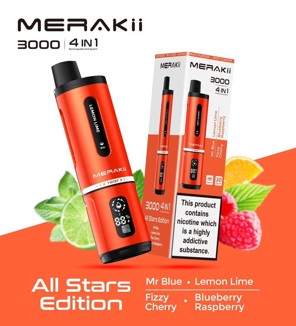 Buy cheapest online Merakii 3000 Puffs Disposable Vape 4 in 1 Pod System Kit Box of 5 at lowest price in uk