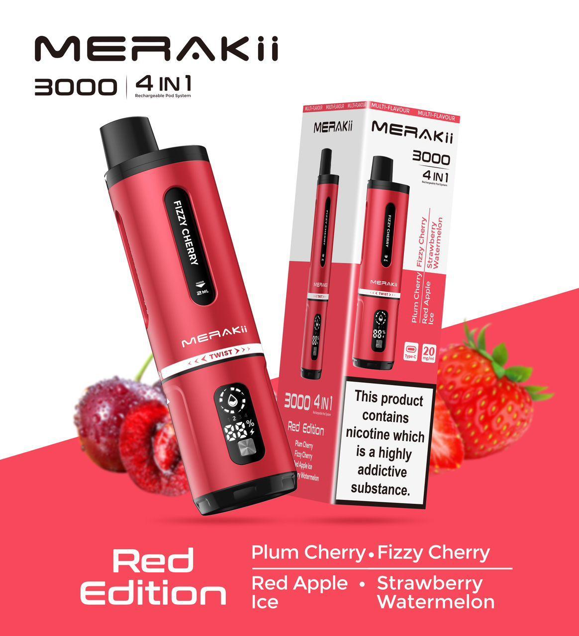 Buy cheapest online Merakii 3000 Puffs Disposable Vape 4 in 1 Pod System Kit Box of 5 at lowest price in uk