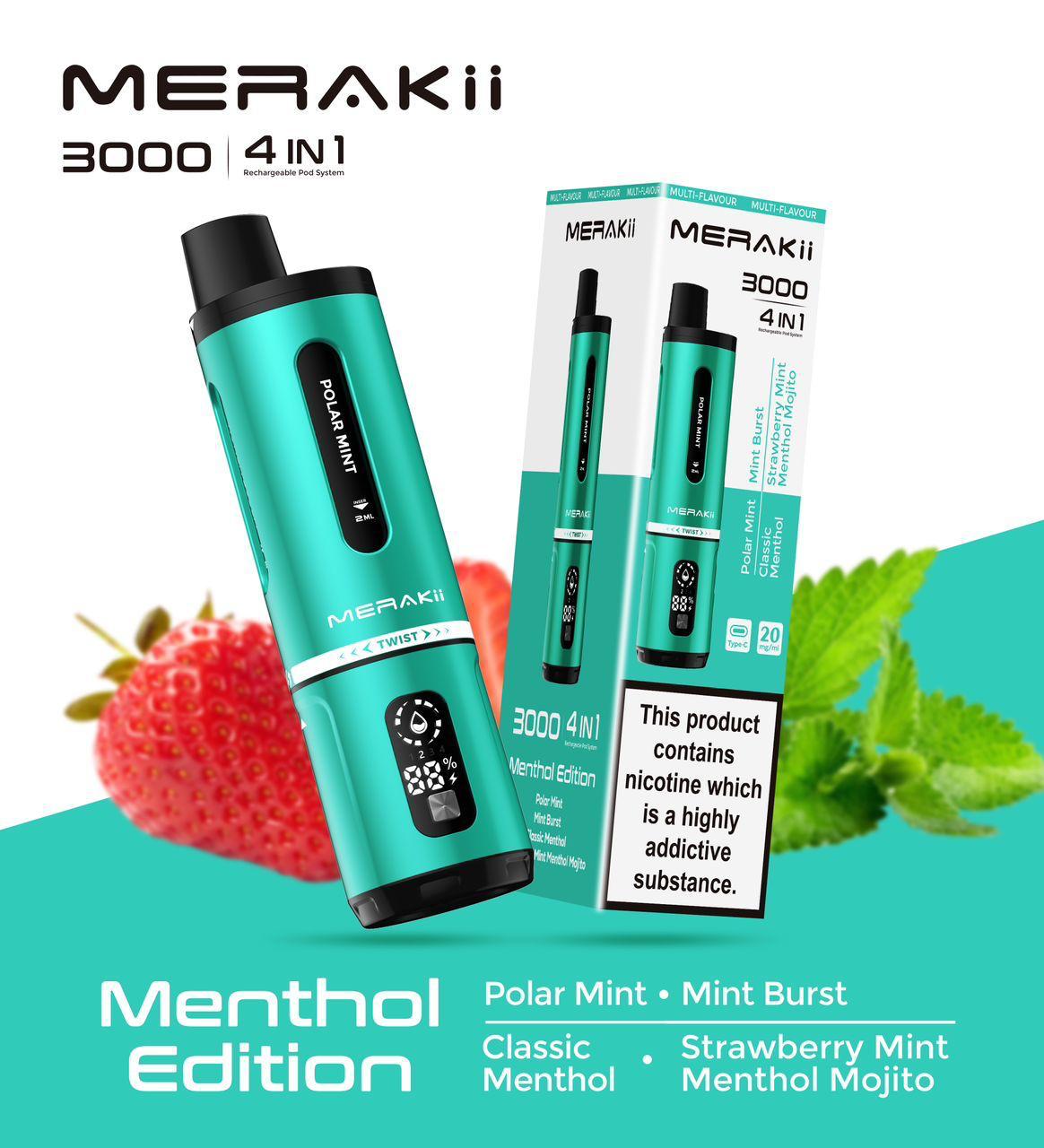 Buy cheapest online Merakii 3000 Puffs Disposable Vape 4 in 1 Pod System Kit Box of 5 at lowest price in uk