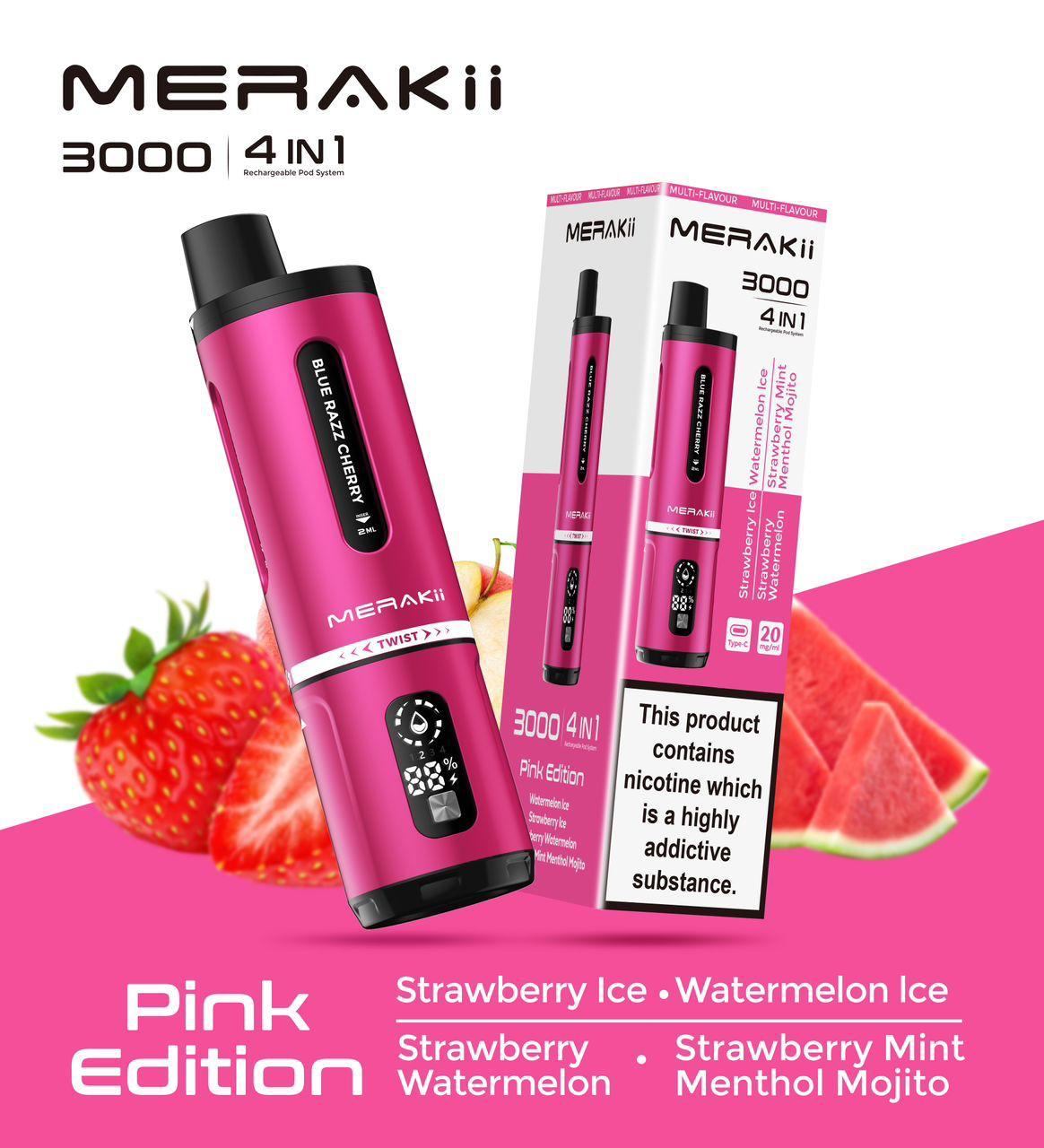 Buy cheapest online Merakii 3000 Puffs Disposable Vape 4 in 1 Pod System Kit Box of 5 at lowest price in uk
